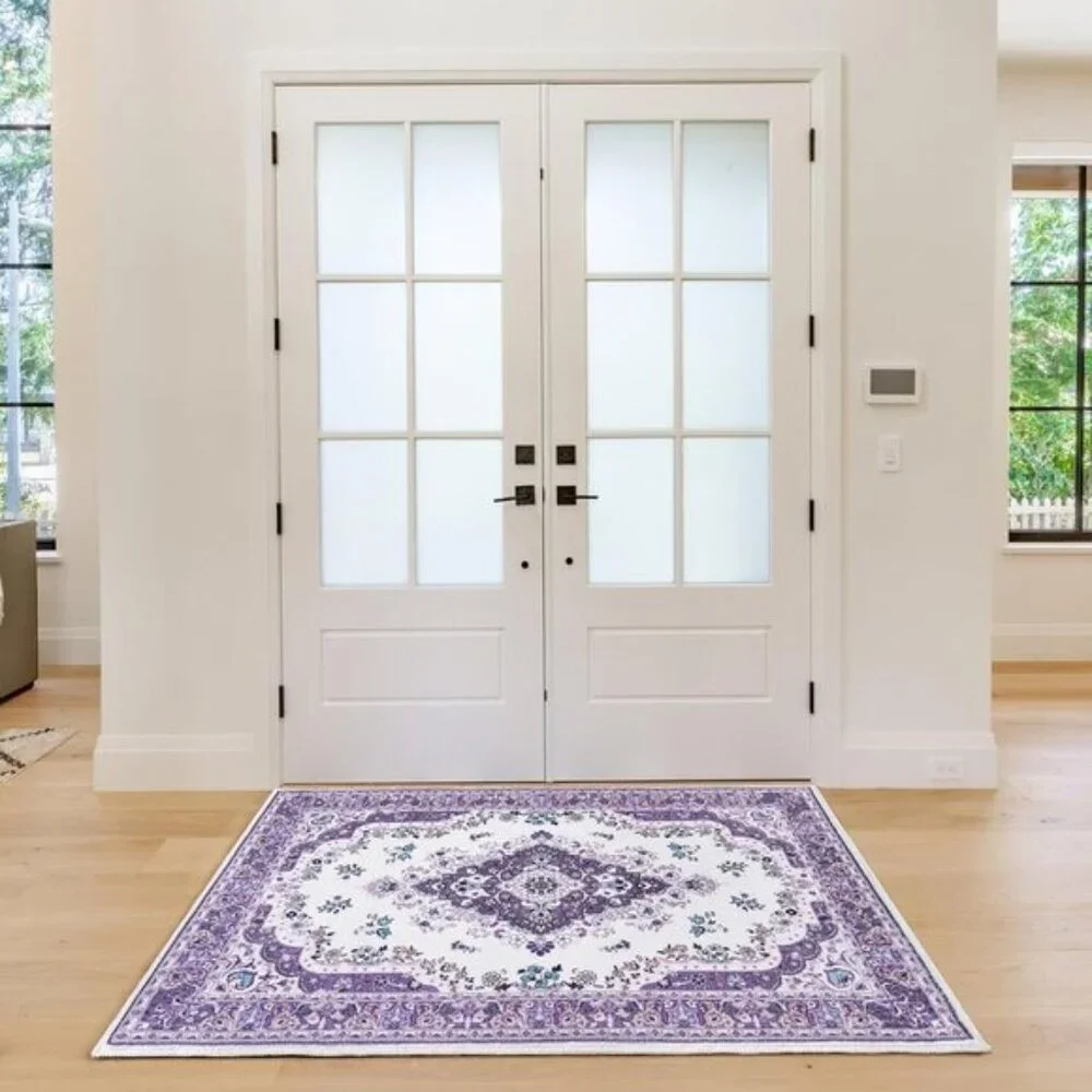 2x3 Purple Floral Rug, Washable Non-Slip Low Pile Vintage Carpet for Entryway